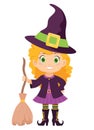 Halloween witch with broom and hat in cartoon style