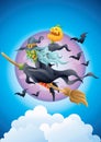 Halloween witch on broom holding pumpkin in the sky Royalty Free Stock Photo