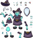 Cartoon Halloween witch character with different face expressions and poses