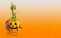 Halloween Witch and carved Pumpkin with magic lights. Copy space mock up Royalty Free Stock Photo