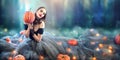 Halloween witch with a carved pumpkin and magic lights in a forest Royalty Free Stock Photo