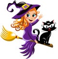 Halloween Witch Cat Flying Broom Kid Royalty Free Stock Photo