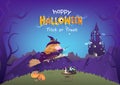 Halloween, witch with cat flying on dark forest to castle, cartoon kid character vector illustration Royalty Free Stock Photo