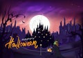 Halloween, witch and cat walk on the road to castle, magic and pumpkin, Jack-O-Lantern, fantasy miracle silhouette night scene,