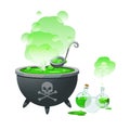 A halloween witch cauldron and bottles with potion