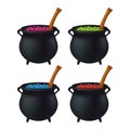 Halloween Witch cauldron with colorful potion, bubbling witches brew. Realistic Vector illustration isolated on white background.