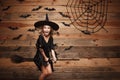 Halloween Witch concept - little caucasian witch child flying on magic broomstick over bat and spider web background.