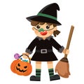 Halloween Witch. Cute Little Witch with pumpkin basket.