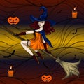 Halloween. The witch flies on a broomstick in a hat. Theme of the holiday is Halloween. Use printed materials, signs, items, webs