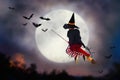 Halloween witch flying broom. Huge moon and bat Royalty Free Stock Photo