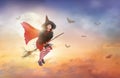 Halloween witch flying broom. Huge moon and bat Royalty Free Stock Photo