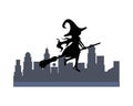 Halloween witch flying in broom silhouette on the city