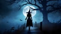 Halloween witch, full moon and spooky cloudy sky, Halloween concept Royalty Free Stock Photo