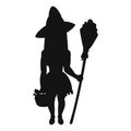Halloween witch in hat with broom. Black silhouette. Vector illustration isolated on white background. Design element. Template Royalty Free Stock Photo