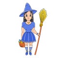 Halloween witch in hat with broom. Cartoon character. Colorful vector illustration. Isolated on white background. Design element. Royalty Free Stock Photo