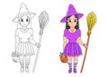 Halloween witch in hat with broom. Coloring book page for kids. Cartoon style. Vector illustration isolated on white background Royalty Free Stock Photo