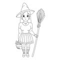 Halloween witch in hat with broom. Coloring book page for kids. Cartoon style. Vector illustration isolated on white background Royalty Free Stock Photo