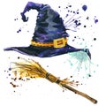 Halloween witch hat and broom witch. Watercolor illustration Royalty Free Stock Photo