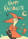 Halloween witch in hat holding a rat in her hand isolated on dark background. Vector illustration. Royalty Free Stock Photo