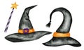 Halloween witch hat with Magic wand set. Watercolor black wizard costume cap with orange belt. Symbol of Halloween party