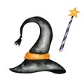 Halloween witch hat with Magic wand. Watercolor black wizard cap with orange belt. Symbol of Halloween party Isolated