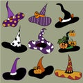 Halloween witch hat set in nine different designs hand drawn cartoon vector Royalty Free Stock Photo