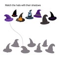 Halloween witch hats and their shadows matching game, kids activities