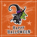 Halloween witch illustration, happy greeting card design, orange