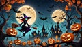 Halloween witch jack lantern flight haunted castle bat flying Royalty Free Stock Photo