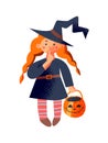 Halloween witch kid character, cute girl in witch hat with red hair holding scary pumpkin