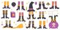 Halloween witch legs. Funny witch legs in striped socks and boots, witchcraft cauldron and hat vector symbols set. Scary Royalty Free Stock Photo