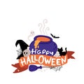 Halloween witch lettering on old ribbon with cauldron, cat, ghost, hat. Vector isolated childish illustration in simple Royalty Free Stock Photo