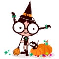 Little Halloween witch sweeping pumpkin leaves. Vector illustration