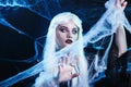 Halloween witch with long white hair wearing spider web. Royalty Free Stock Photo