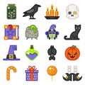 Halloween witch magic icons set flat design line art vector illustration