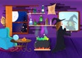 Halloween, Witch magic make up, beauty fashion night party cartoon costume concept, spider, castles and room interior, poster Royalty Free Stock Photo