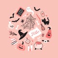 Halloween witch pink set. Vector childish illustration of magic elements in simple cartoon hand-drawn style. Round frame Royalty Free Stock Photo