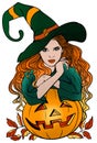 Halloween Witch with Pumpkin Colorful vector illustration Royalty Free Stock Photo