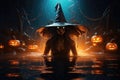 Halloween Witch With Pumpkin And Magic Lights In Dark Pool