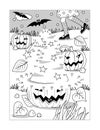 Halloween witch`s hat dot-to-dot picture puzzle and coloring page with young witch chasing her hat lost at the pumpkin field. Answ