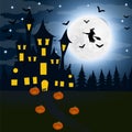 Halloween, the witch s house on the full moon. Bats