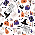Halloween witch seamless pattern. Vector childrens illustration of magic elements in simple cartoon hand drawn style