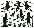 Halloween witch silhouettes. Magic witch ladies with broomstick, hats and bats, scary witches making magic vector