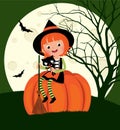 Halloween witch sitting on a pumpkin Royalty Free Stock Photo