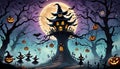 Halloween cartoon witch spooky haunted castle tree eerie fog