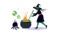 Halloween Witch Stirring Bubbling Cauldron, vector design Generative AI Royalty Free Stock Photo