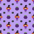 Halloween witch vector pattern. With pot and cat. Cartoon style. Kawaii character Royalty Free Stock Photo