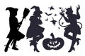 Halloween witches and devil women black contour silhouettes, flat vector isolated. Royalty Free Stock Photo