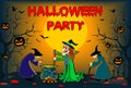 Halloween with witches, poster, colorful illustration, card, editable file. Royalty Free Stock Photo