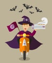 Halloween wizard food-deliveryboy on scooter with boxes of pizza